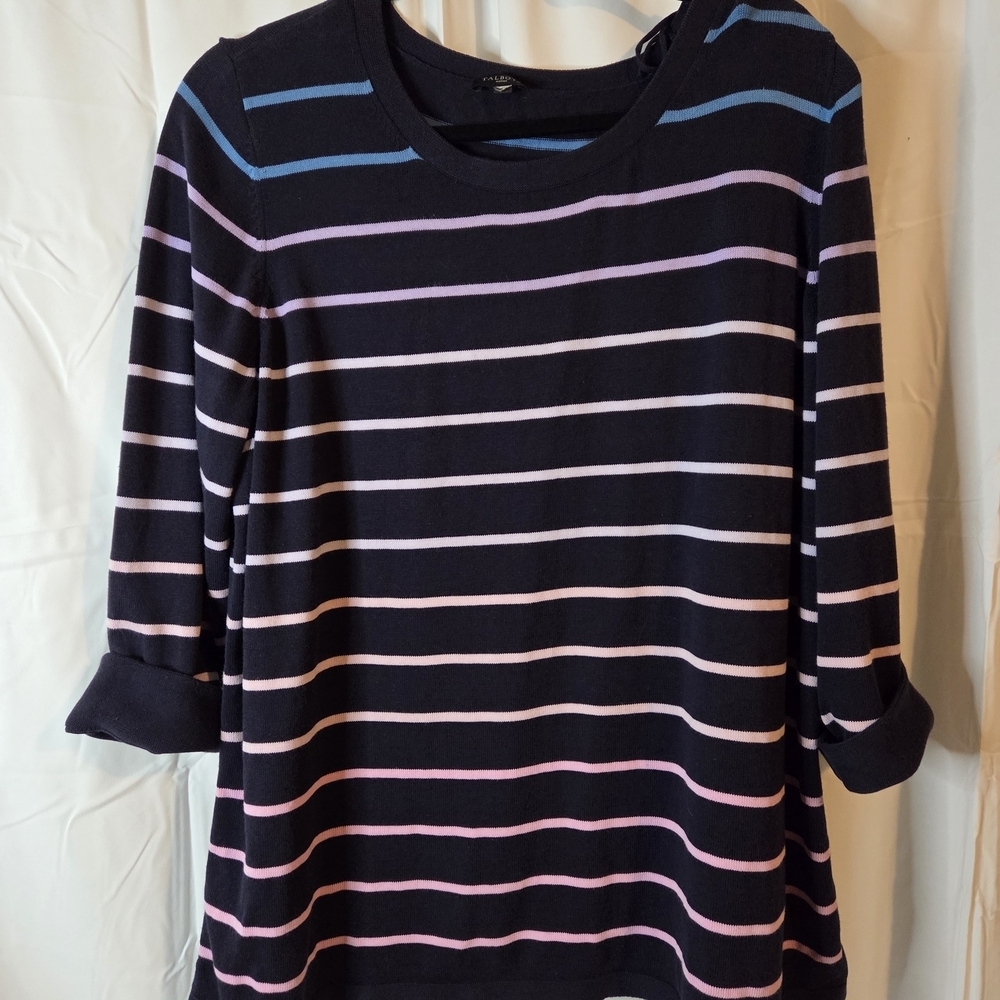 Talbots Woman Cotton Blend Striped Long Sleeve Top in Navy and Pink Size 1X